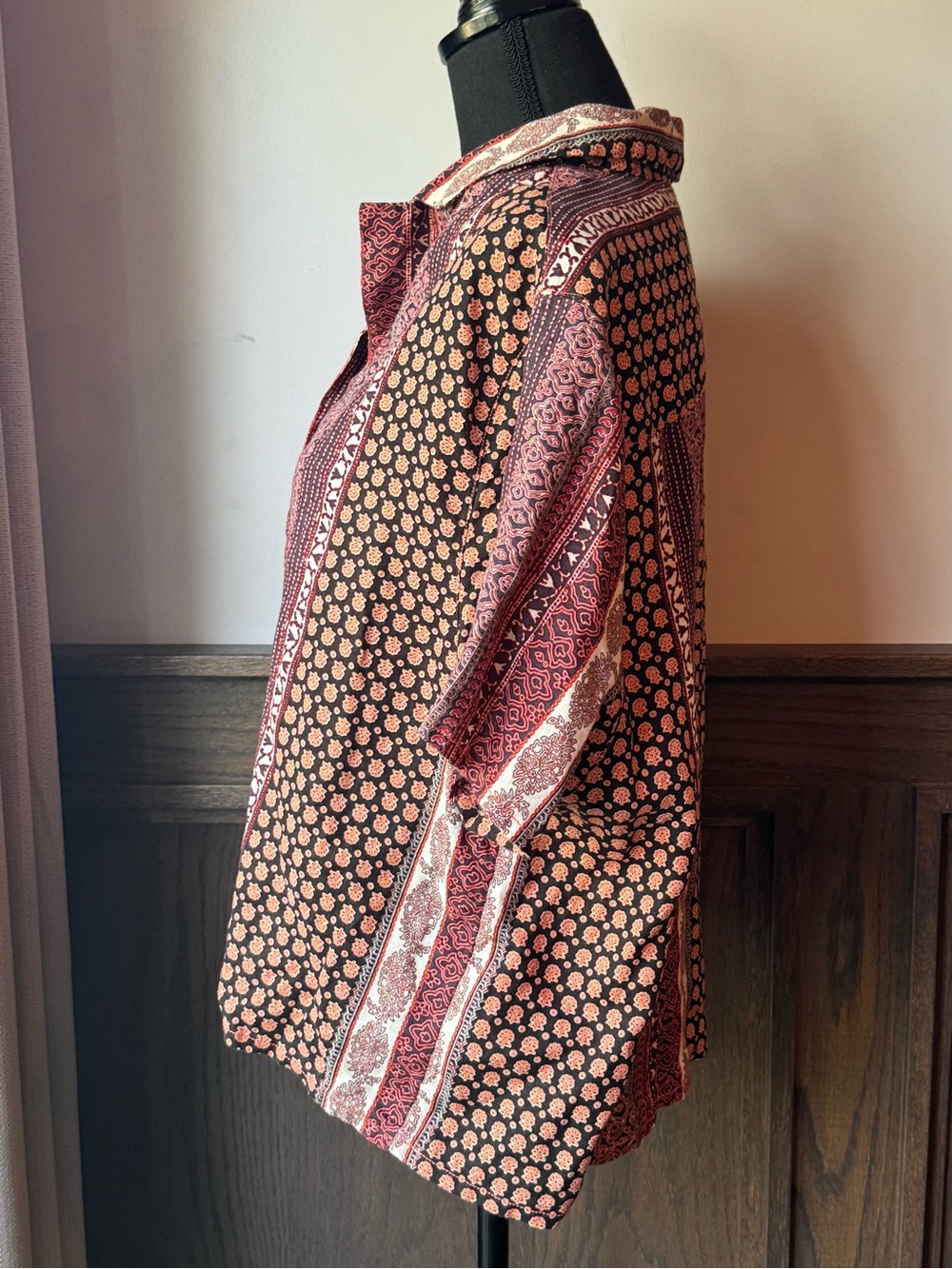 Rachel Zoe Short-Sleeve Linen Button-Down Shirt in Burgundy and Blush Pattern xl - Picture 2 of 5